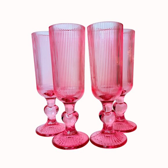 Romantic Ribbed Pink Glass Champagne Flutes Set of 4 Heart Stem Retro Cocktail - Picture 3 of 15